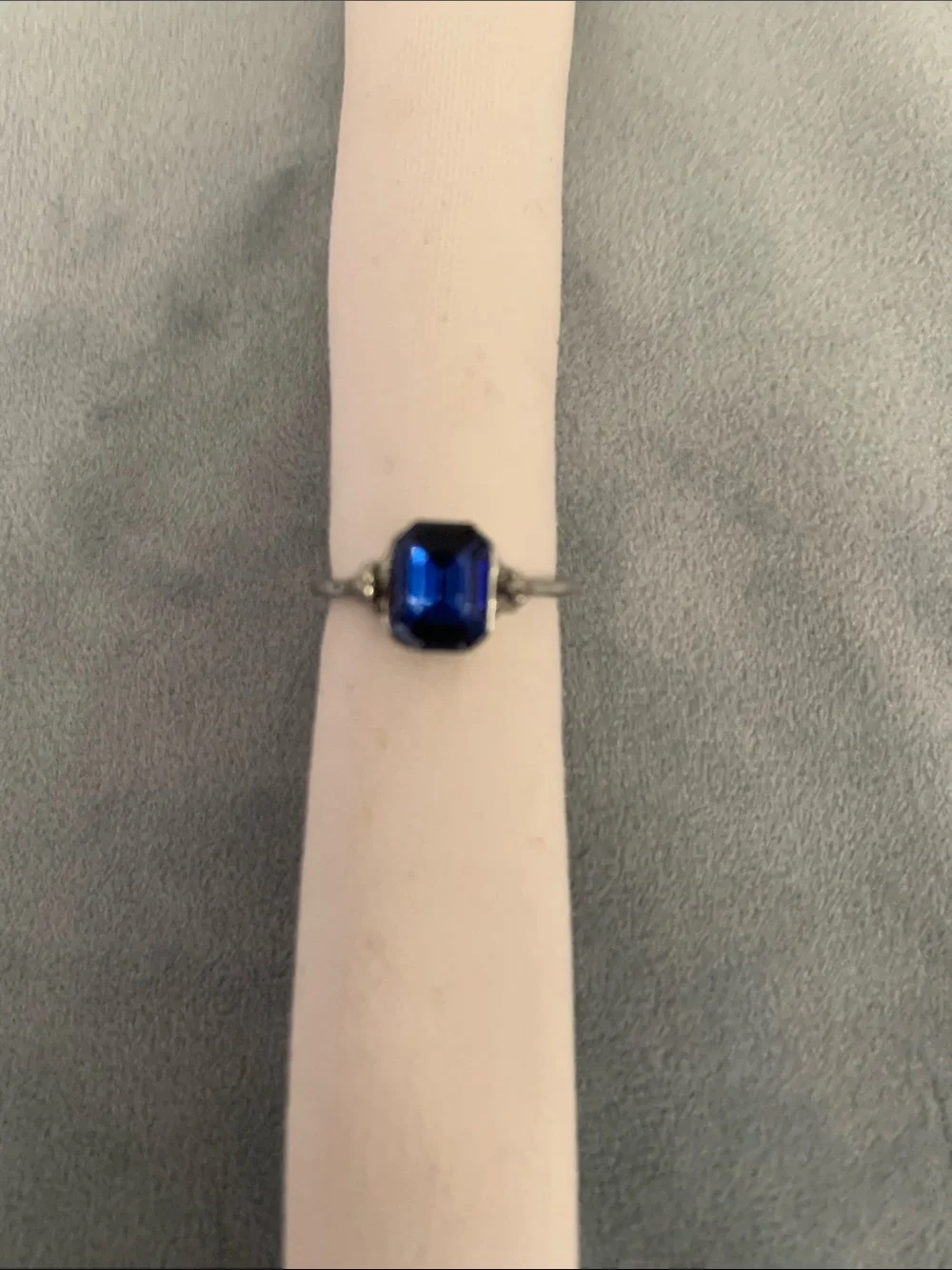 Silver Tone Emerald-Cut Blue Sapphire Stone Ring size 5
